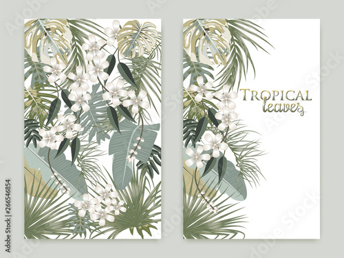 Vector tropical jungle cover with palm trees and leaves in olive green colors