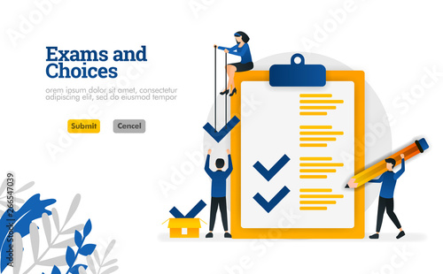 Exams and Choices Flat character for learning and survey consultants vector illustration concept can be use for, landing page, template, ui ux, web, mobile app, poster, banner, website