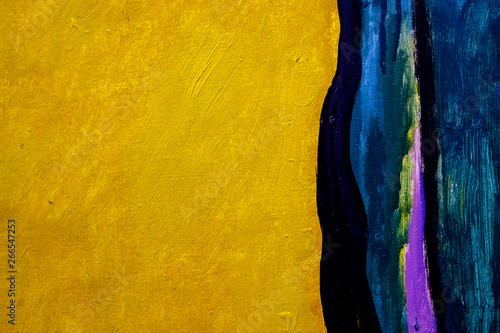 Colorful fragment of the painting. Oil paint texture with brush and palette knife strokes. Multi colored wallpaper. Macro close up acrylic background. Modern art concept. Horizontal fragment.