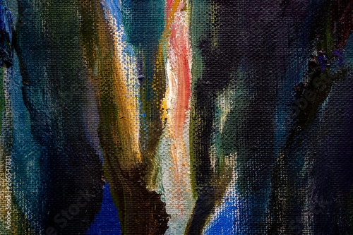 Colorful fragment of the painting. Oil paint texture with brush and palette knife strokes. Multi colored wallpaper. Macro close up acrylic background. Modern art concept. Horizontal fragment.