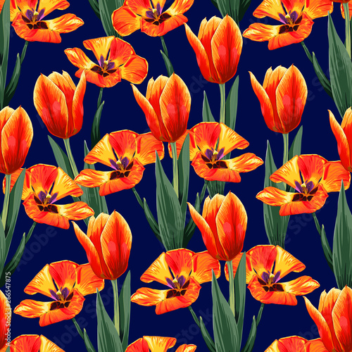 Seamless pattern orange color Tulips flowers on dark blue isolate background.Vecter illustration drawing watercolor style. repeat floral wallpaper design fabric print.