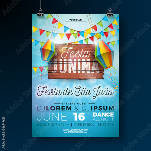Festa Junina Party Flyer Illustration with typography design on vintage wood board. Flags and Paper Lantern on Blue Sky Background. Vector Brazil June Festival Design for Invitation or Holiday