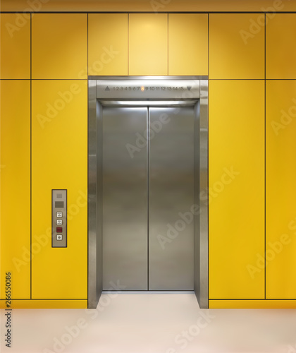 Chrome metal office building elevator doors. Open and closed variant. Realistic vector illustration yellow wall panels office building elevator.
