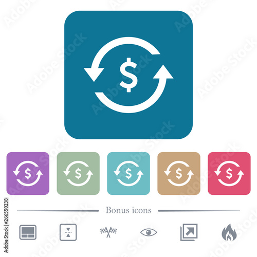 Dollar pay back flat icons on color rounded square backgrounds