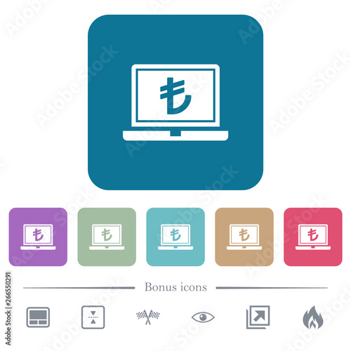 Laptop with Lira sign flat icons on color rounded square backgrounds