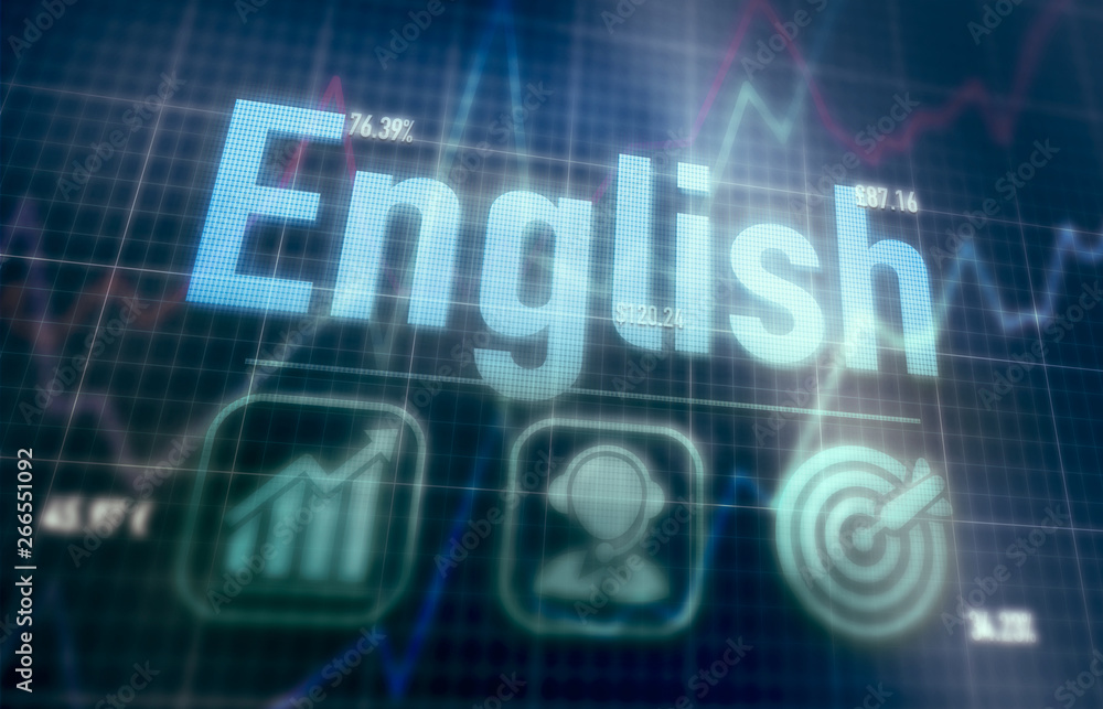 English concept on a blue dot matrix computer display. English concept on a blue dot matrix computer display.