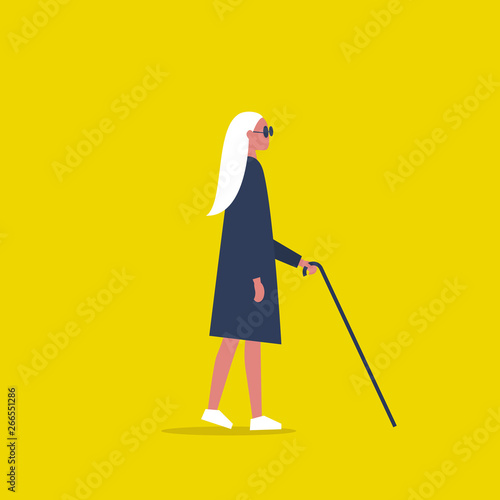 Young female sightless character wearing dark shades and holding a cane. Concept. Flat editable vector illustration, clip art