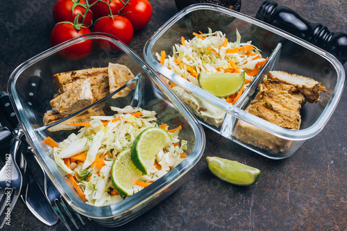 Homemade Keto lunchbowl. Turkey meat and coleslaw salads photo