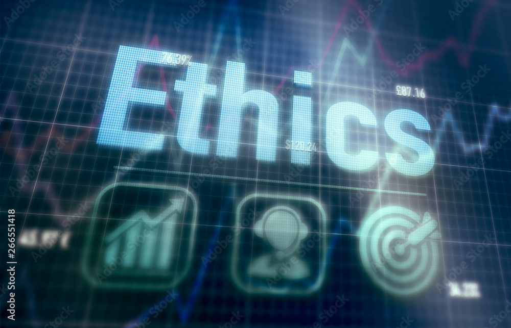 Obraz premium Ethics concept on a blue dot matrix computer display.