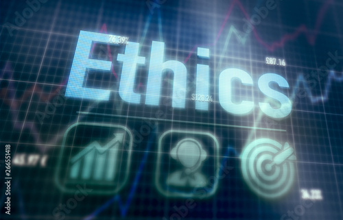 Ethics concept on a blue dot matrix computer display.