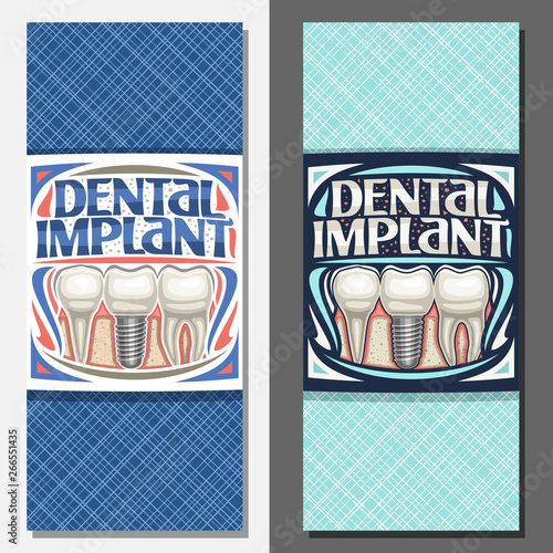 Vector banners for Dental Implant, layouts with 3 cartoon human teeth in jaw, brochure with original lettering for words dental implant, sign board for professional denture clinic on blue background.