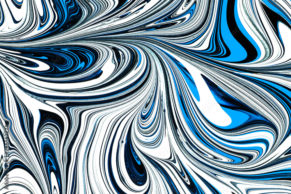 Blue, black and white paint pigment mix. Mosaic swirl shapes decorative