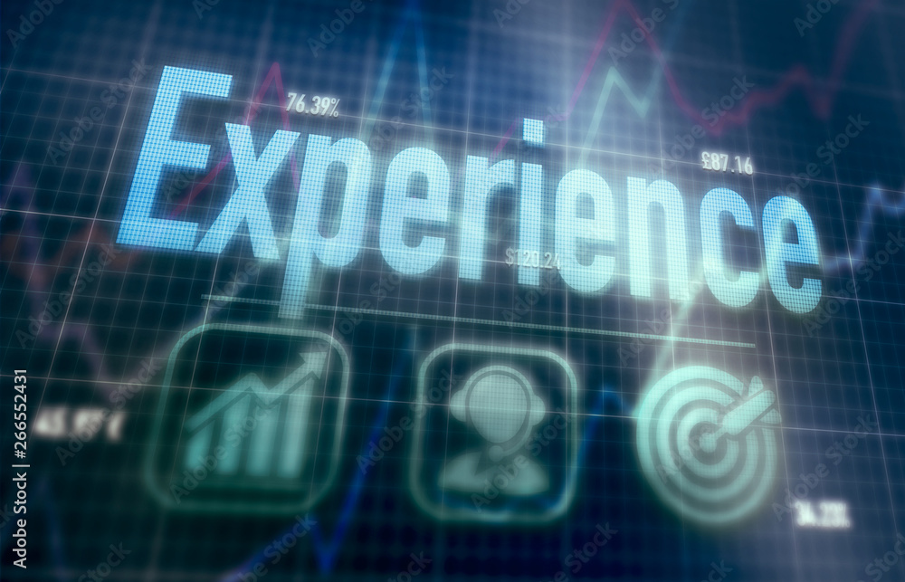 Experience concept on a blue dot matrix computer display. Experience concept on a blue dot matrix computer display.