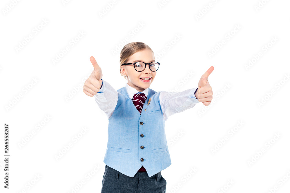 happy schoolgirl in glasses and formal wear doing thumbs up signs Isolated On White happy schoolgirl in glasses and formal wear doing thumbs up signs Isolated On White
