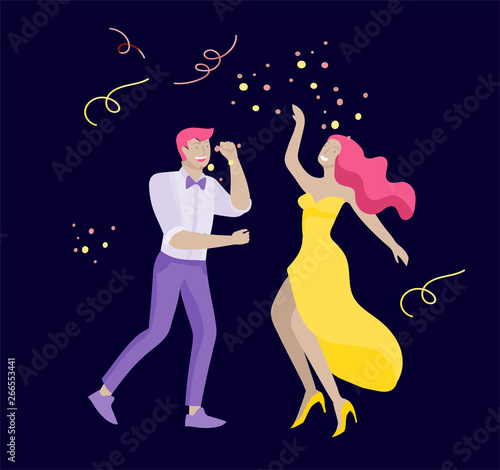 Group of smiling young people or students in evening dresses and tuxedos, happy Jumping and dansing. Prom party, prom night invitation, promenade school dance concept. Vector illustration concept