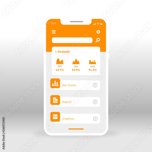 Orange economy UI, UX, GUI screen for mobile apps design. Modern responsive user interface design of website or application including analytics screen. bar charts, reporting, graphics, diagram