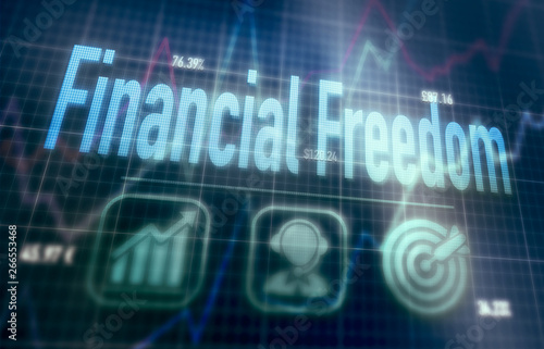 Financial Freedom concept on a blue dot matrix computer display.
