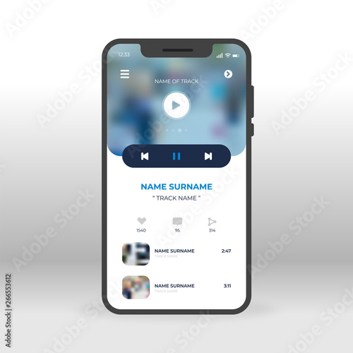 Blue online mp3 UI, UX, GUI screen for mobile apps design. Modern responsive user interface design of mobile applications including free musics screen