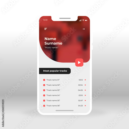 Red music player UI, UX, GUI screen for mobile apps design. Modern responsive user interface design of mobile applications including Music tracks screen