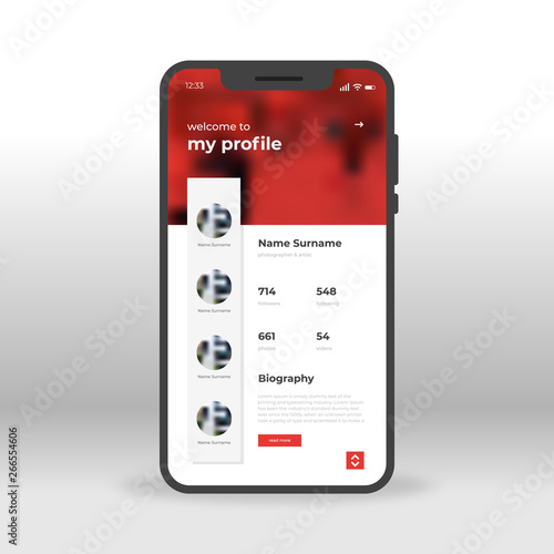 Red profile welcome page UI, UX, GUI screen for mobile apps design. Modern responsive user interface design of mobile applications including Social Network profile screen