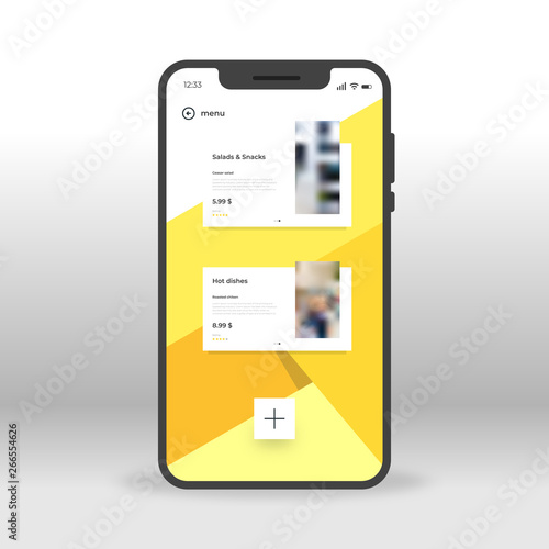 Yellow restaurant menu UI, UX, GUI screen for mobile apps design. Modern responsive user interface design of mobile applications including Salads, hot dishes and snacks