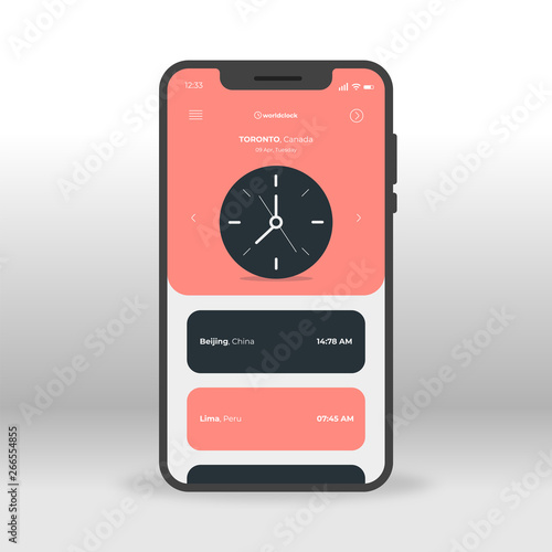 Pink country clocks UI, UX, GUI screen for mobile apps design. Modern responsive user interface design of mobile applications including time screen