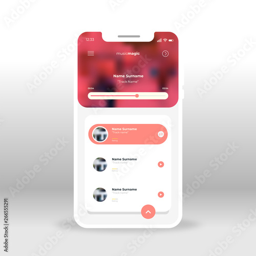 Red magic music UI, UX, GUI screen for mobile apps design. Modern responsive user interface design of mobile applications including Radio player screen