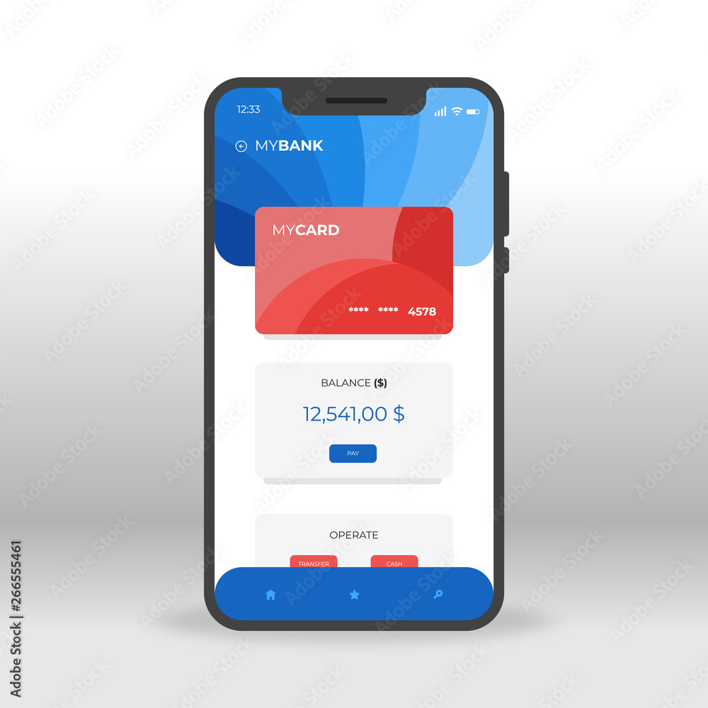 Blue and red online banking UI, UX, GUI screen for mobile apps design.  Modern responsive user interface design of mobile applications including  Bank screen. My Cards, balance, operation Stock Vector | Adobe