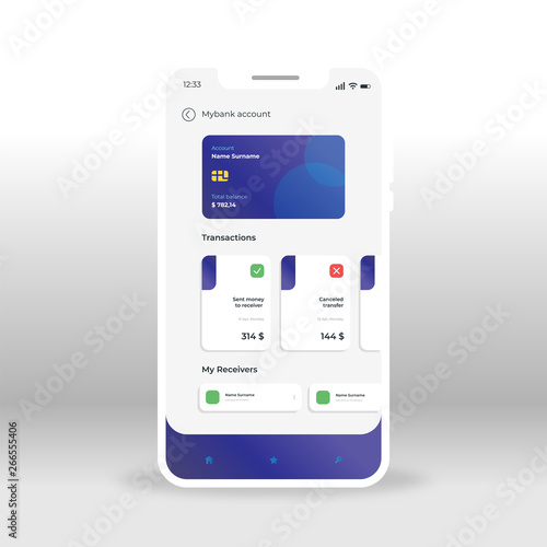 Purple and gray online banking UI, UX, GUI screen for mobile apps design. Modern responsive user interface design of mobile applications including Banking screen. Transactions, receivers, cards