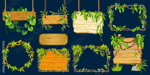 Set game wooden boards and branches liana and tropical leaves. Isolated gui elements plants of jungle and cartoon panels with space for text . Vector illustration on white background.