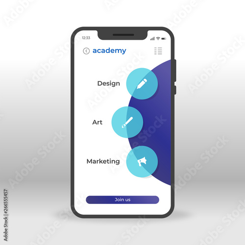 Blue and purple design, art and marketing academy UI, UX, GUI screen for mobile apps design. Modern responsive user interface design of mobile application. Online trainings screen