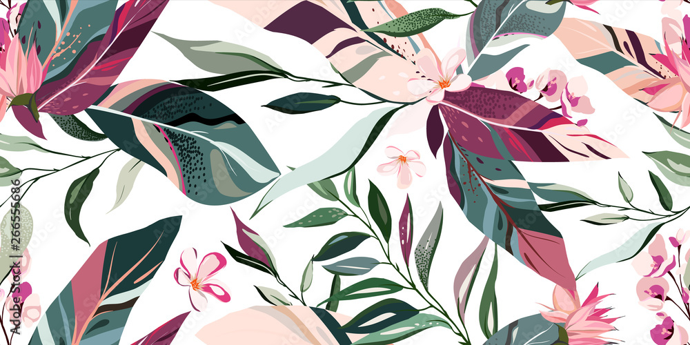 botanic seamless pattern with exotic flowers and leaves, hand drawn background. floral pattern. Tile with tropical leaf - obrazy, fototapety, plakaty 