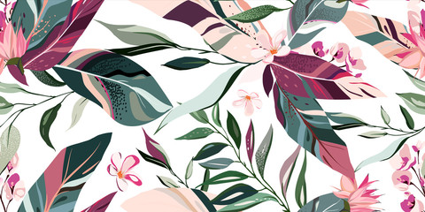 Ingelijste posters Voor haar Tropische bladeren exotische bloemen patroon  © lisima