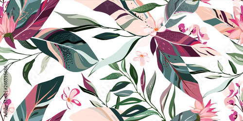 botanic seamless pattern with exotic flowers and leaves, hand drawn background. floral pattern. Tile with tropical leaf
