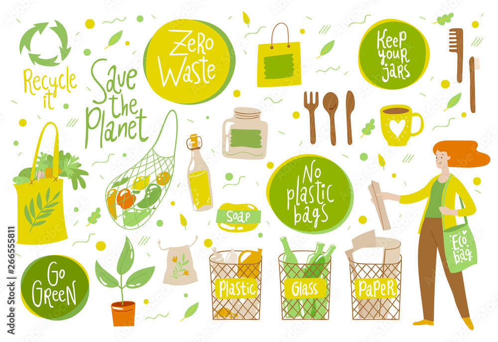 Zero waste vector set with eco life elements Zero waste vector set with eco life elements