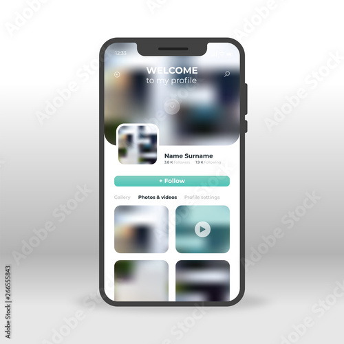 Green social network profile UI, UX, GUI screen for mobile apps design. Modern responsive UI design of mobile applications including Profile screen with follow button and photo, video elements
