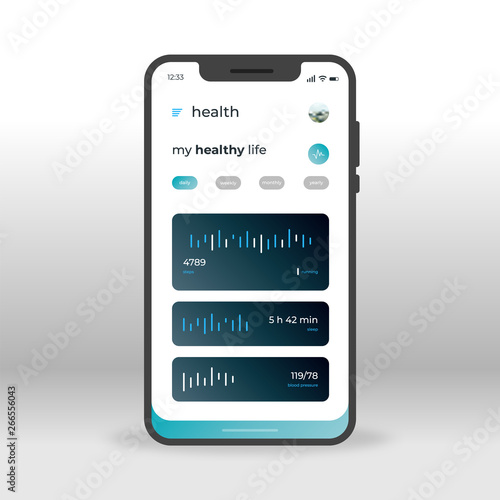 Blue health UI, UX, GUI screen for mobile apps design. Modern responsive user interface design of mobile applications including Healthy Life screen