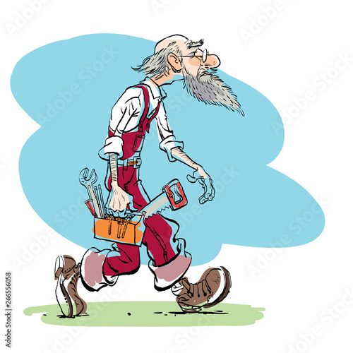 Funny illustration of old man cartoon character. Old master goes to repair.