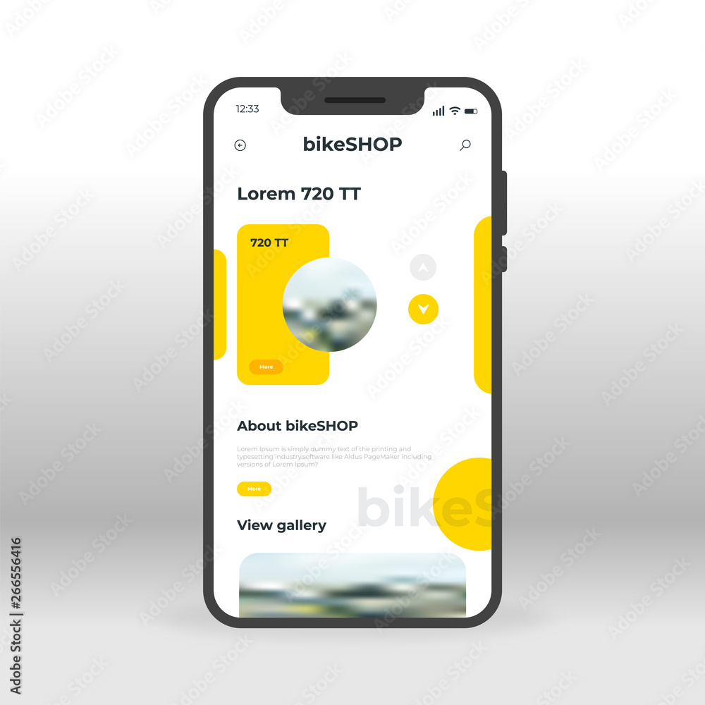 Yellow bike shop UI, UX, GUI screen for mobile apps design