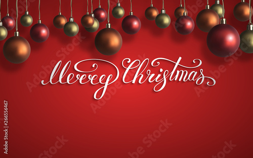 Merry Christmas lettering with red orange gold christmas balls on wooden wall. New Year composition . Vector illustration