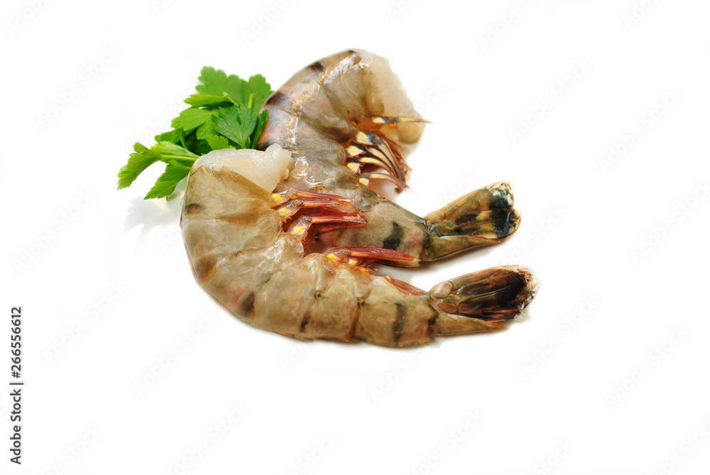 Two Large Raw Tiger Shrimp Isolated Over a White Background Two Large Raw Tiger Shrimp Isolated Over a White Background