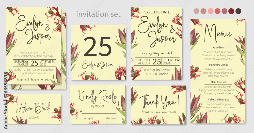 Set of vector wedding invitation, greeting card, save date. Frame of red, green leaves of leucadendron, protea, jatropha, podagrica, art tropical elements. Watercolor, rustic style, banners