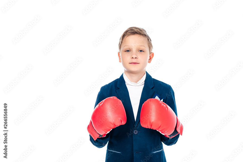 schoolboy in boxing gloves looking at camera Isolated On White with copy space schoolboy in boxing gloves looking at camera Isolated On White with copy space