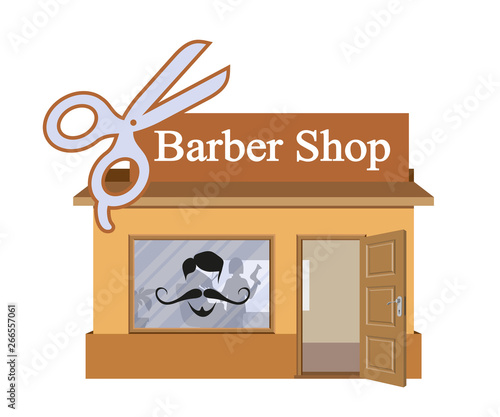Vector flat barbershop. Facade of barbershop isolated on white background. Barber house. Cuts hair building. Barbershop emblem. Vector graphics to design
