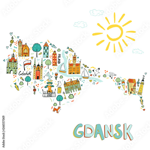 Hand drawn illustrated map of Gdansk.