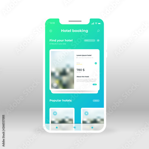 Green and blue gradient background Hotel Booking UI, UX, GUI screen for mobile apps design. Modern responsive user interface design of mobile applications including Online Booking screen