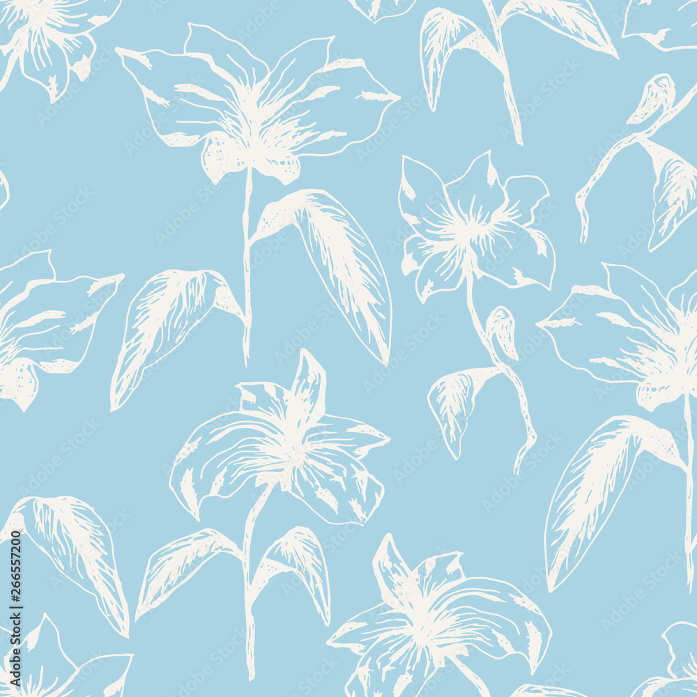 Fototapeta premium Tender blue seamless pattern with white sketch flowers. Hand drawn illustration of abstract spring flower, texture for textile, wrapping paper, surface, background