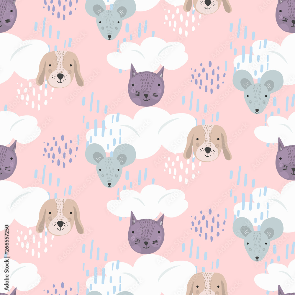 Cute cartoon seamless pattern with gray mice, brown dogs and purple cats heads on pink sky with clouds and dots. Funny texture with pets for kids design, wallpaper, textile, wrapping paper, background
