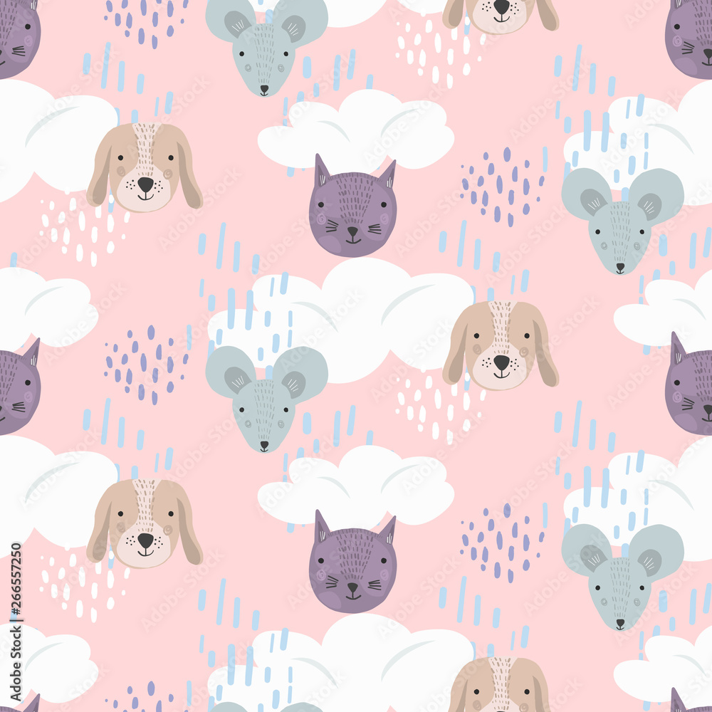 Obraz premium Cute cartoon seamless pattern with gray mice, brown dogs and purple cats heads on pink sky with clouds and dots. Funny texture with pets for kids design, wallpaper, textile, wrapping paper, background