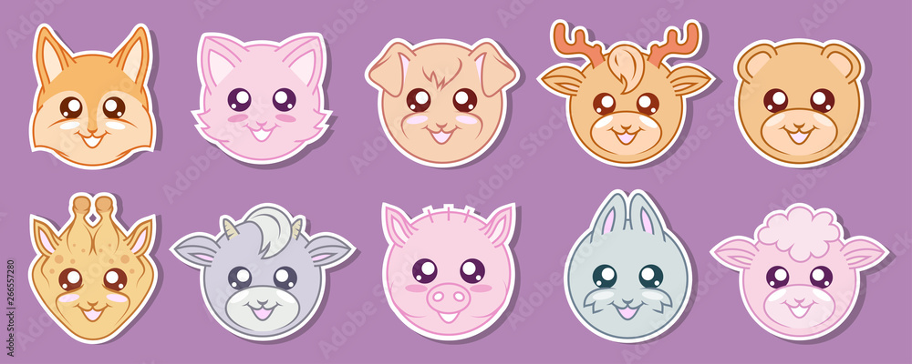 Obraz premium Vector Set Of Cute kawaii animals. Kawaii faces. Cartoon Animals. Kawaii rabbit. Kawaii eyes. Vector graphics to design